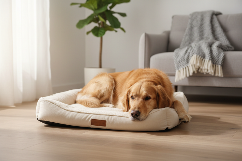 Golden retriever resting on a dog bed — signs of hip and joint pain in dogs and how supplements help