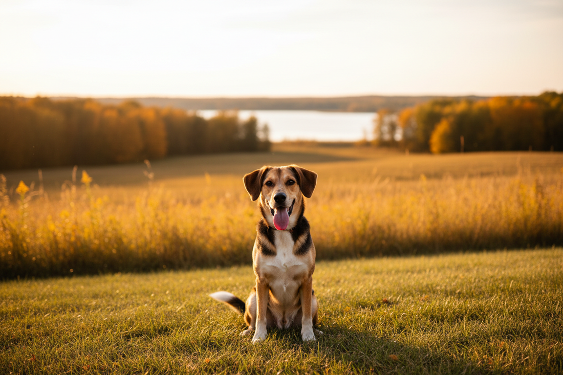 A happy hound mix dog sitting in golden hour light outdoors in Minnesota — representing Bowes and The Bond Between rescue organization