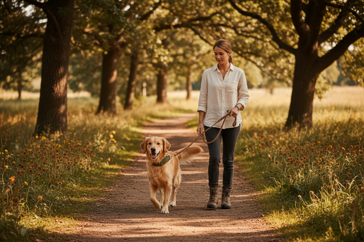 Dog wearing a collar on a leash walk with owner – Dog Collars & Leashes | Doggo Dream Sho