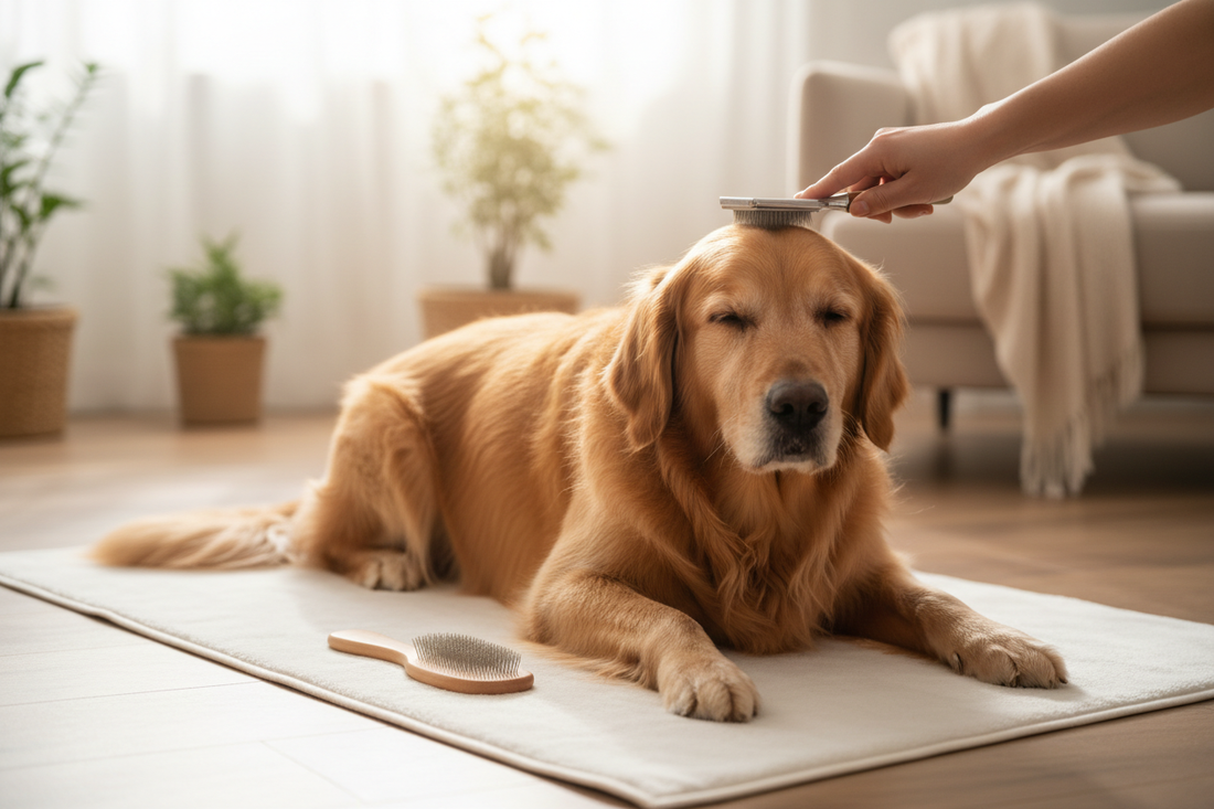 Dog being groomed at home with brush and comb — at-home dog grooming tools guide