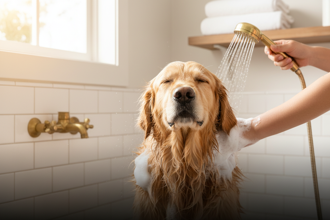 Golden retriever being bathed with de-shedding shampoo — best dog shampoo for shedding at Doggo Dream Shop