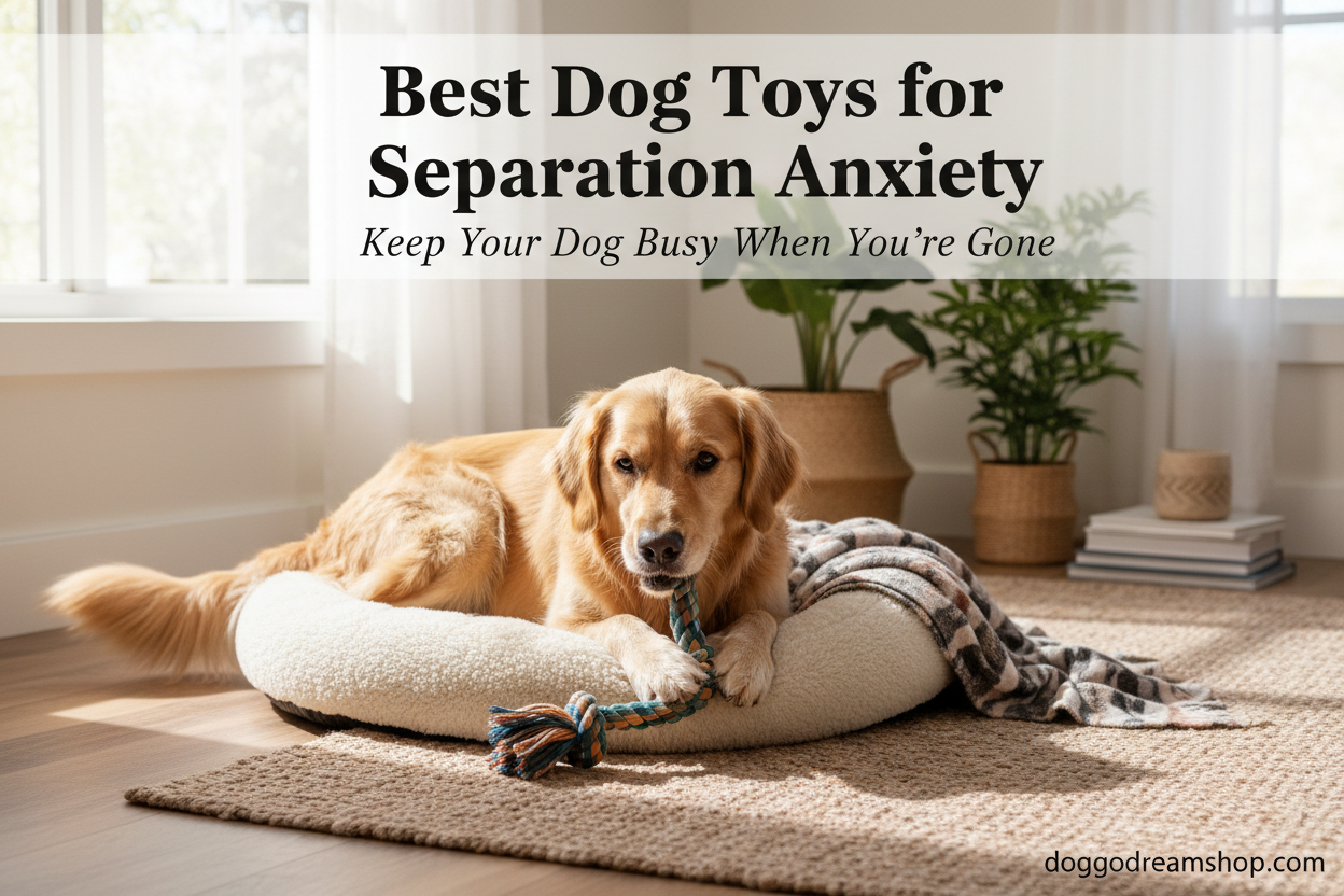 Dog contentedly playing with a durable tug toy on a bolstered dog bed at home alone, warm cozy interior setting
