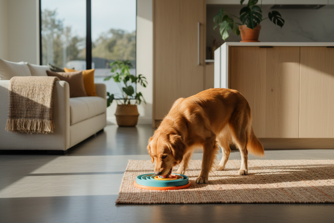 Dog eating from a colorful slow feeder bowl on a kitchen floor, natural light