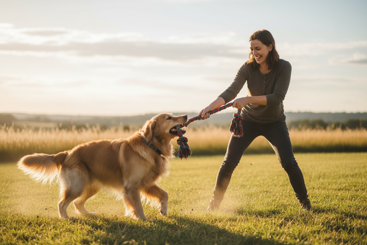 Dog and owner playing tug of war with a durable toy – Dog Toys | Doggo Dream Shop