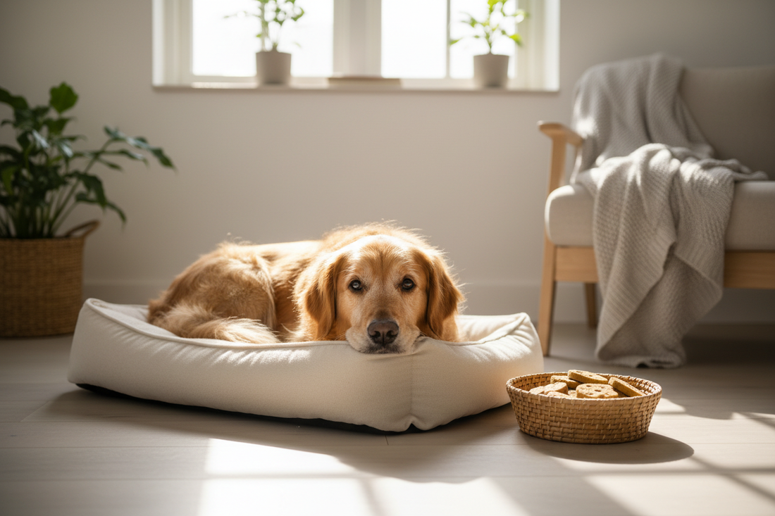 Senior dog resting comfortably on an orthopedic dog bed — Doggo Dream Shop guide to dog joint supplements