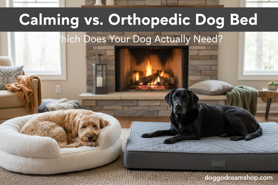 Dog curled in a round bolstered calming bed next to a senior dog stretched out on a rectangular orthopedic dog bed in a cozy home setting