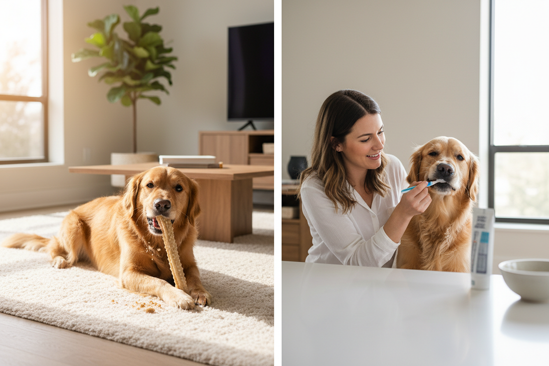 Dog chewing a natural dental chew on the left, dog owner brushing a dog's teeth on the right — comparing dental chews vs. brushing for dog dental health