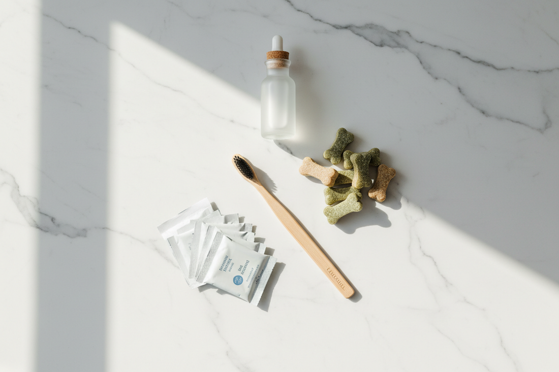 Best dog dental products including toothbrush, dental chews, water additive, and dental finger wipes arranged on a clean white marble surface