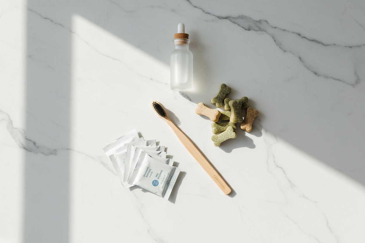 Best dog dental products including toothbrush, dental chews, water additive, and dental finger wipes arranged on a clean white marble surface