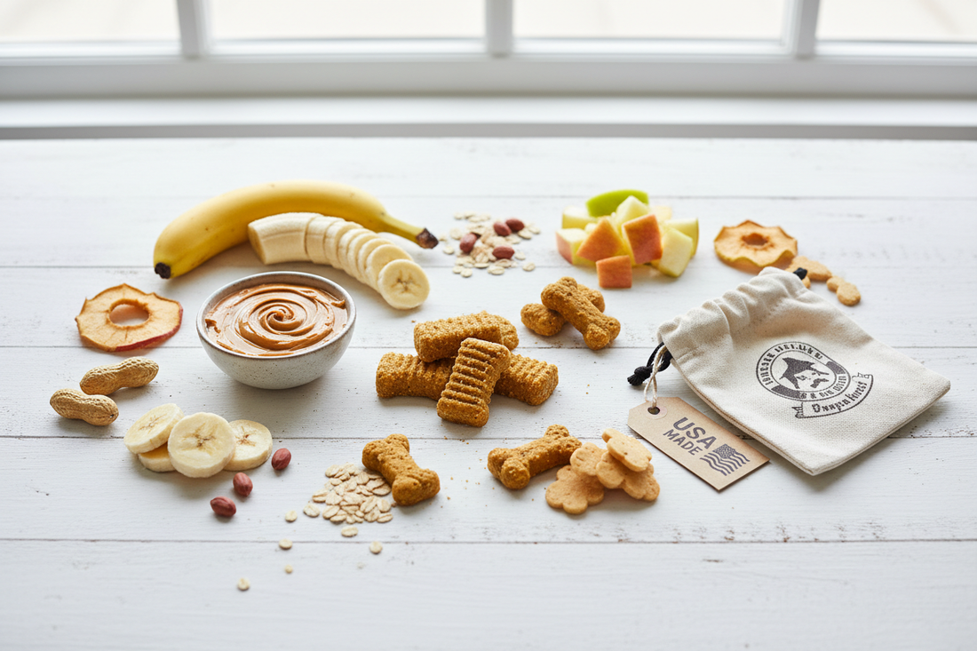 Flat lay of natural USA-made dog treats with wholesome ingredients including peanut butter, banana, apple, and oats arranged on a clean white surface