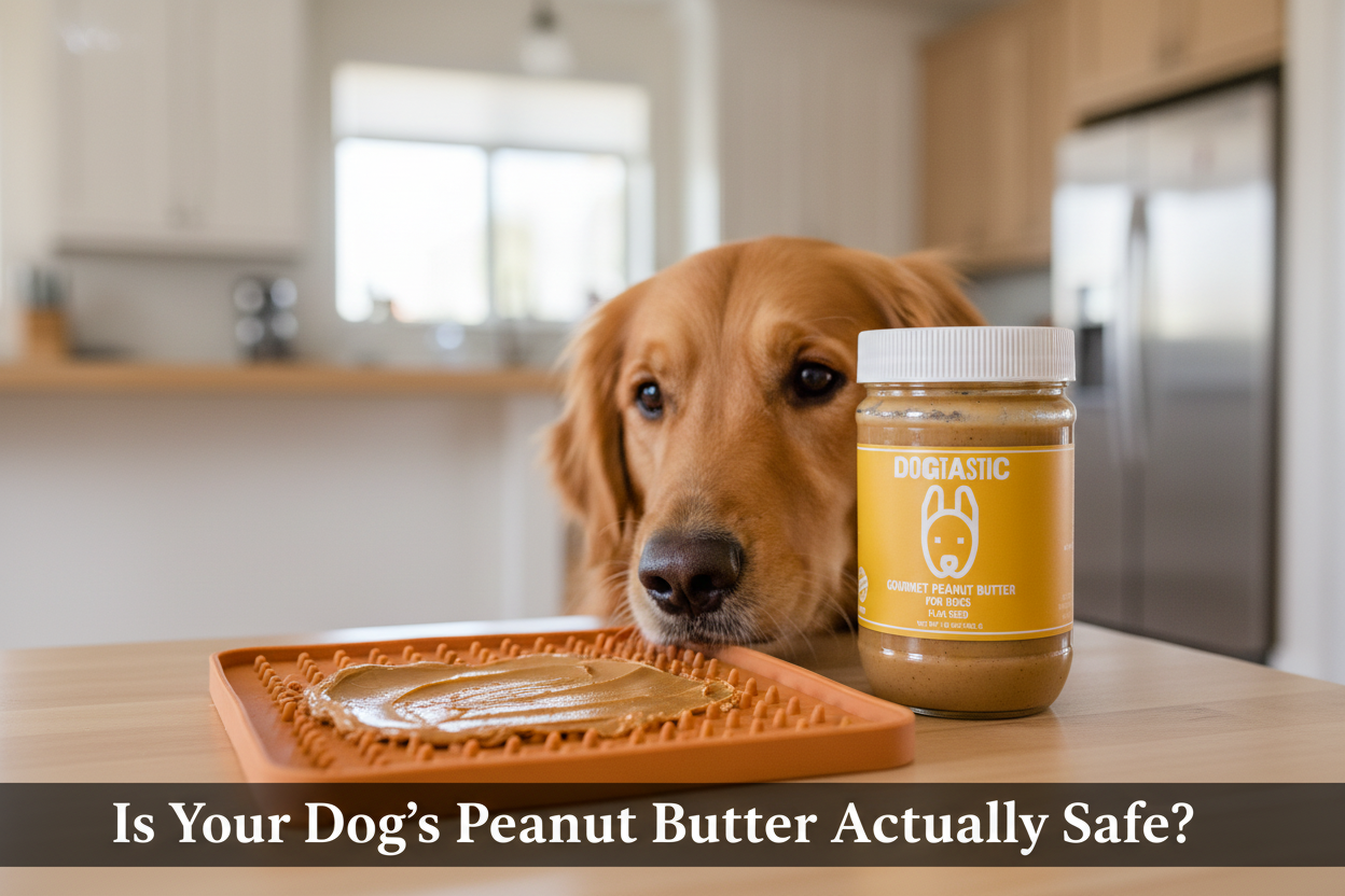 Dog with jar of Dogtastic Peanut Butter next to a lick mat — xylitol-free, USA-made dog treat by SodaPup