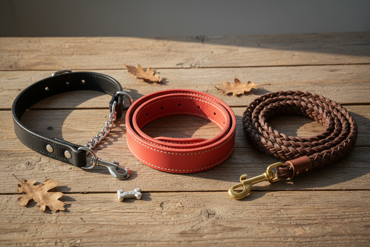 Euro-Dog premium European leather dog collars and leashes — martingale, rolled style, and Celtic sport designs in coral, black, and earth brown