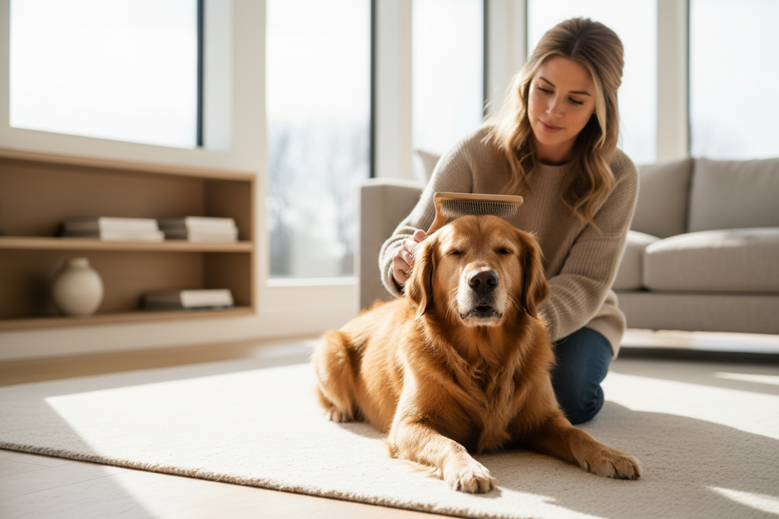 Happy golden retriever being groomed at home with a brush — complete guide to at-home dog grooming