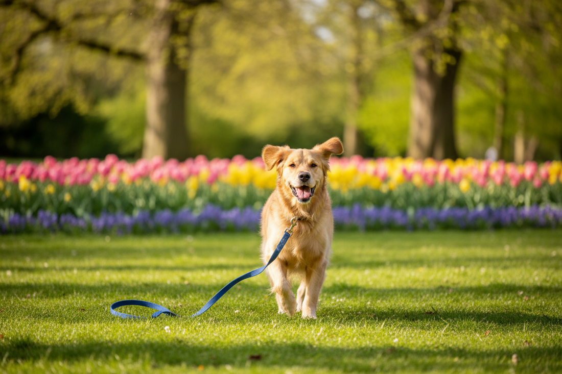 Happy dog outdoors in a green spring park with a leash and spring flowers in the background