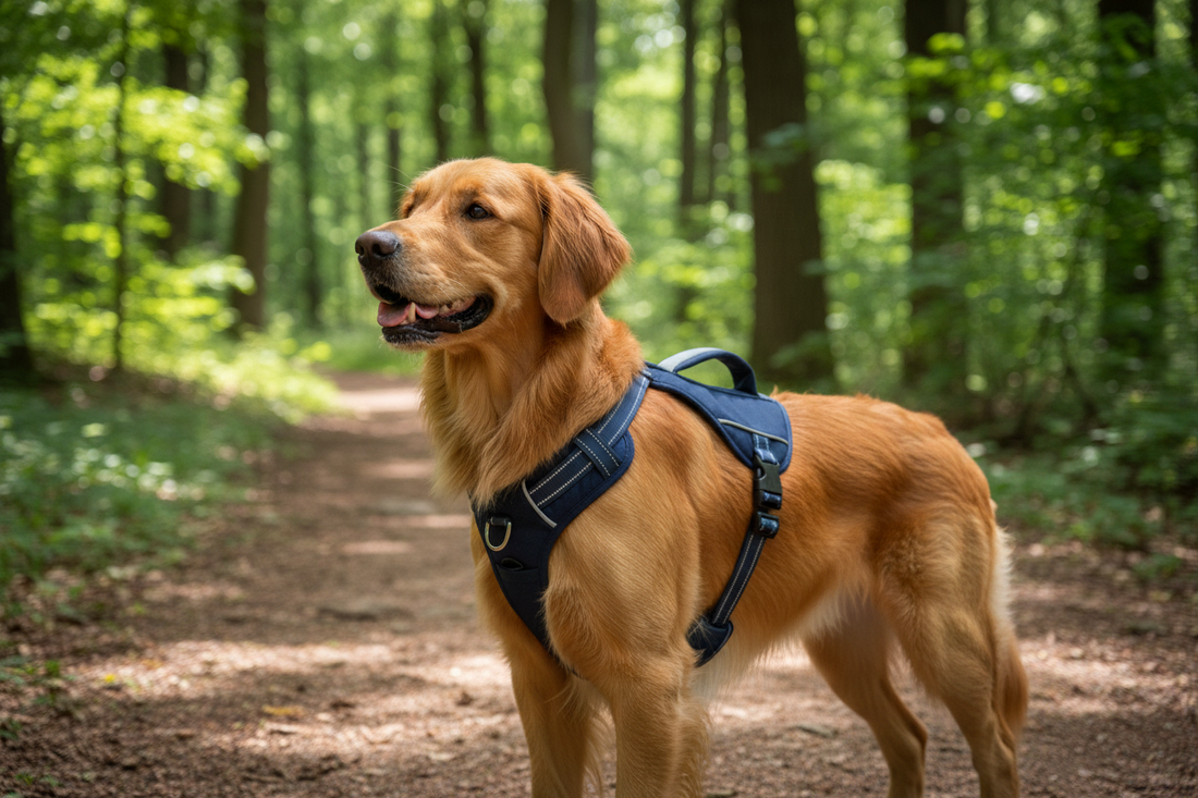 og wearing a well-fitted harness standing on a trail in natural light