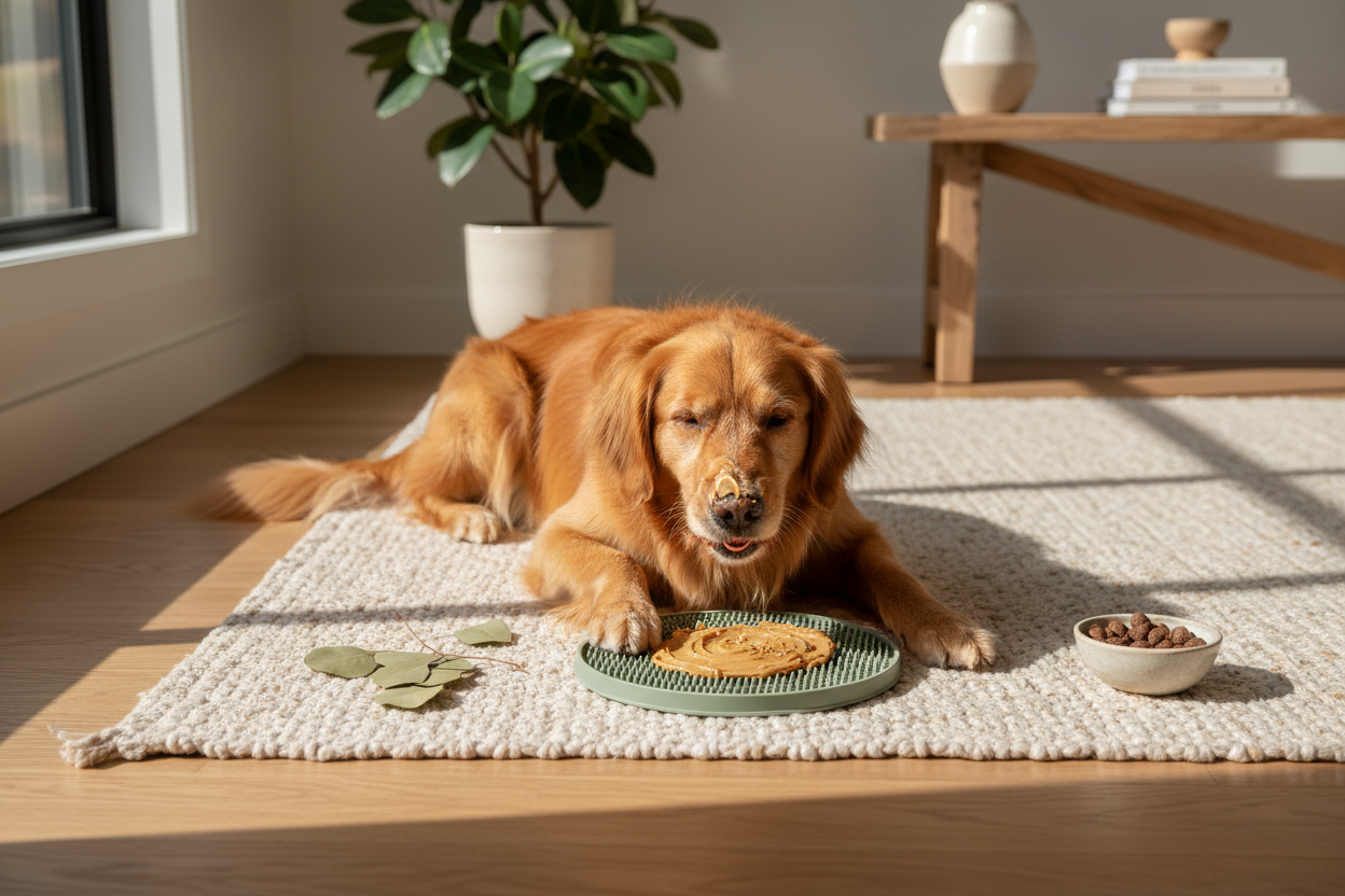 Dog calmly licking a SodaPup enrichment lick mat spread with peanut butter on a neutral surface