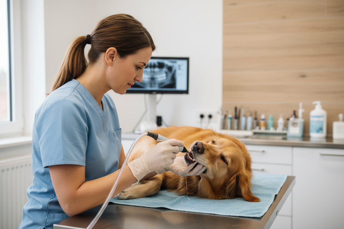Veterinarian performing a professional dental cleaning on a dog in a veterinary clinic
