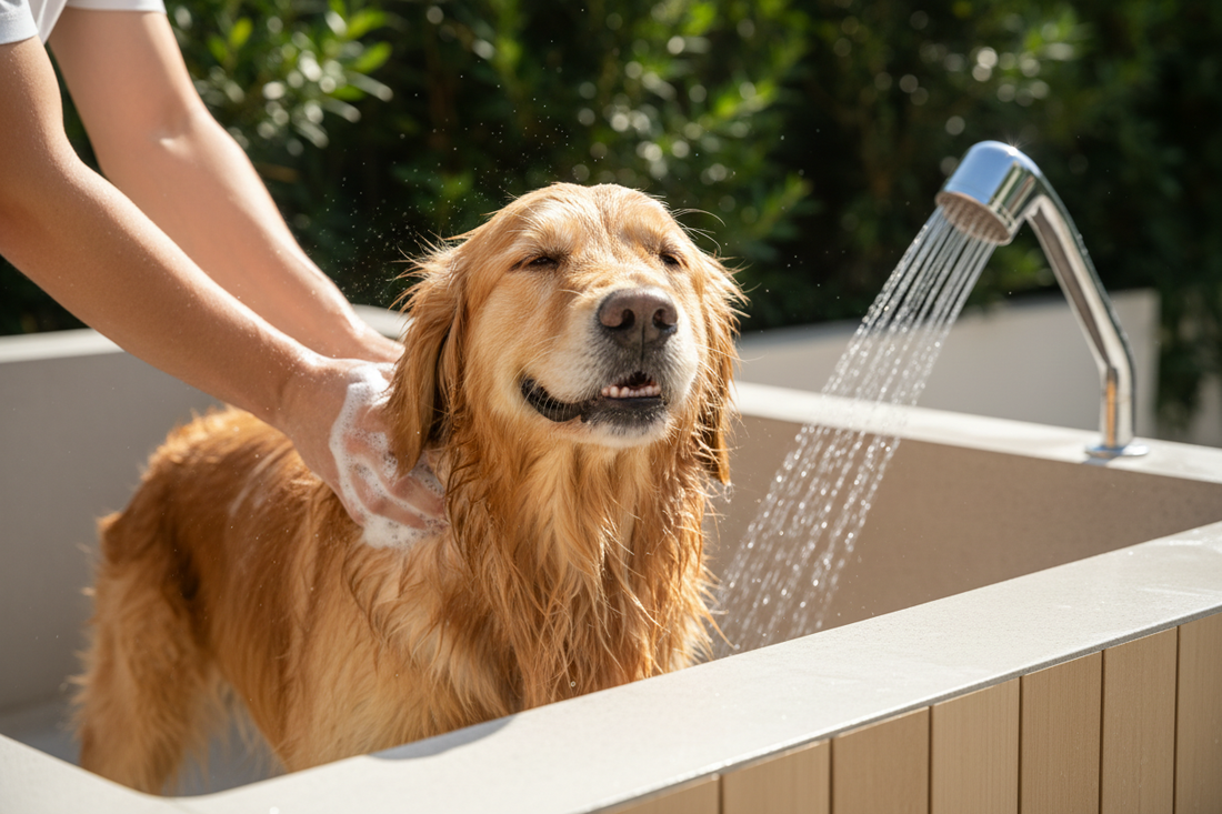 Golden retriever being bathed at home — dog bathing frequency guide