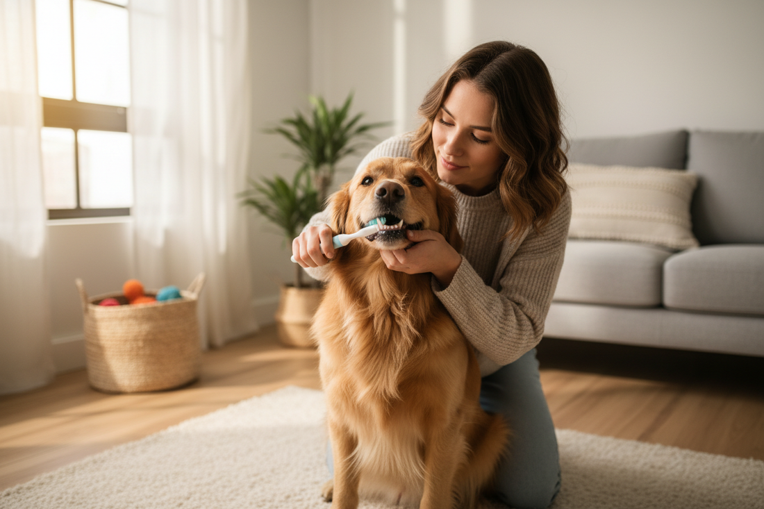 Dog owner gently brushing a dog's teeth at home with a dog toothbrush — step-by-step guide to dog dental care