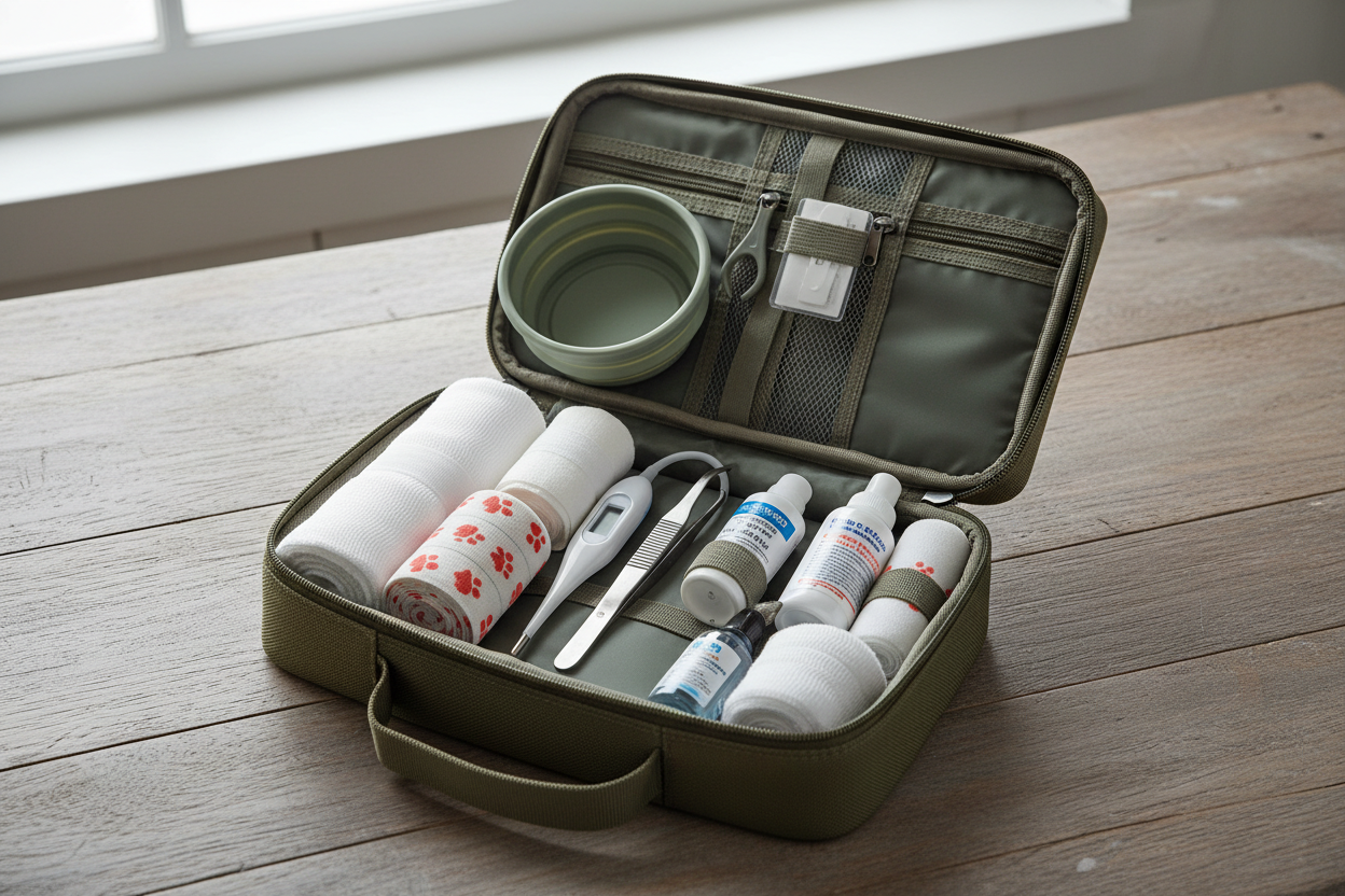 Dog first aid kit with supplies laid out – Dog Safety & Care | Doggo Dream Shop