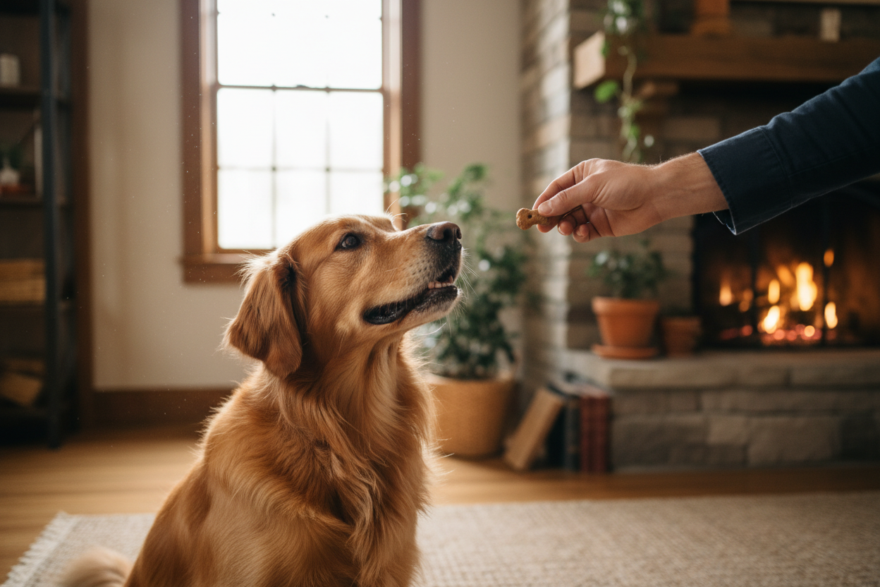 Dog waiting for a treat from owner's hand – Dog Treats & Chews | Doggo Dream Shop