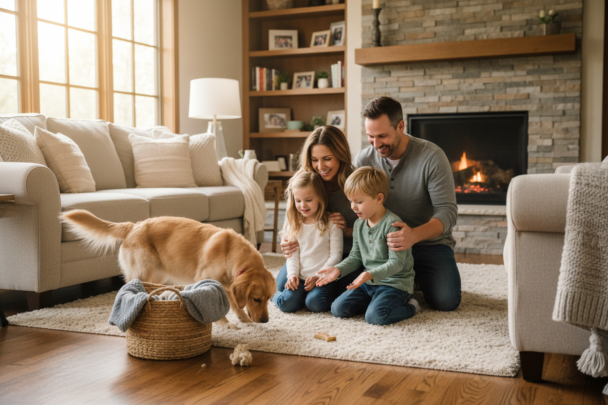 Family welcoming a new dog into their home – Dog Safety & Care | Doggo Dream Shop