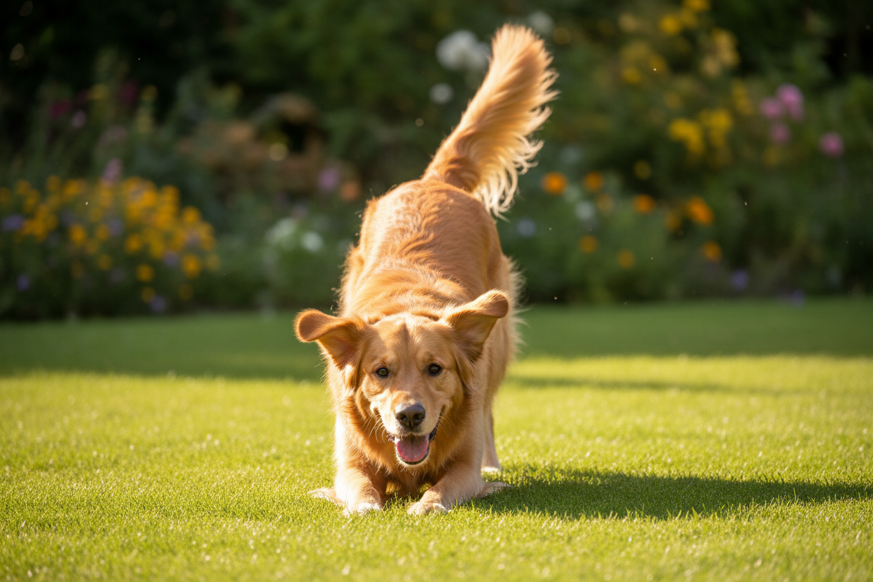 Dog in a play bow position on a grassy lawn – Dog Behavior & Safety | Doggo Dream Shop