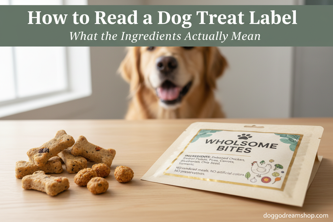 Close-up of natural dog treat bag label with wholesome ingredients alongside fresh treats and a happy dog in the background