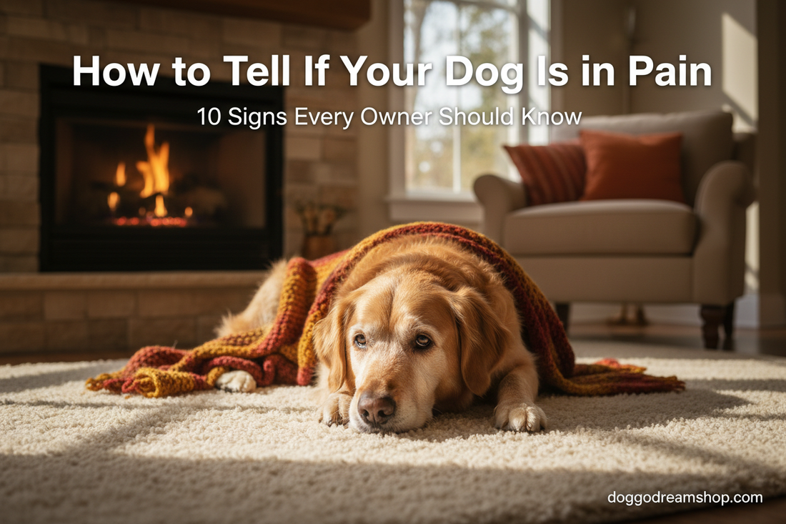 Senior dog lying down with tired expression showing subtle signs of discomfort in a warm home setting