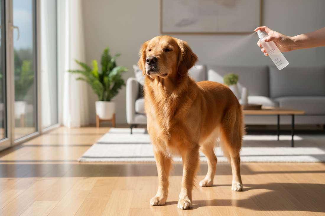Dog being spritzed with leave-in conditioner — leave-in vs rinse-out dog conditioner guide
