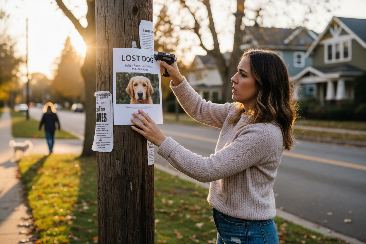 Person posting a lost dog flyer in a neighborhood – Dog Safety & ID | Doggo Dream Shop