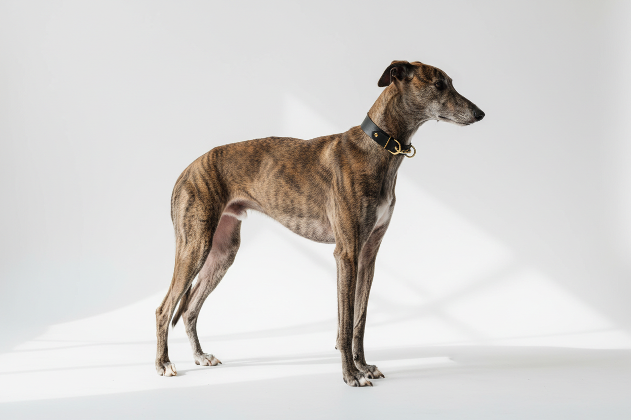 Greyhound wearing a premium leather martingale collar — the ideal collar for sighthound breeds and escape-artist dogs