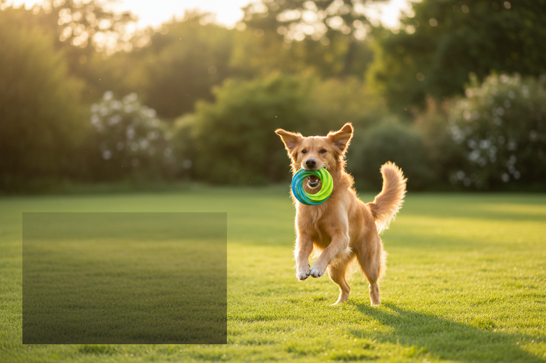 Dog playing with a West Paw Zogoflex chew toy outdoors — durable, USA-made dog toys available at Doggo Dream Shop