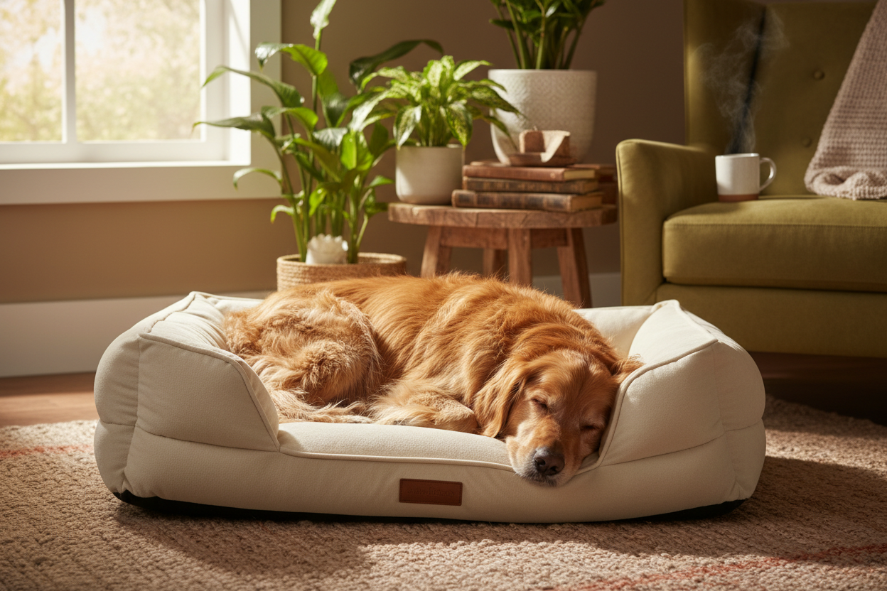 Dog sleeping on a bolstered orthopedic dog bed – Dog Beds | Doggo Dream Shop