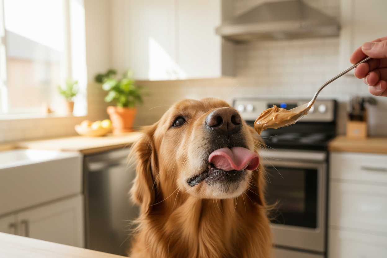 Dog owner offering peanut butter to a golden retriever, illustrating safe treat options for dogs