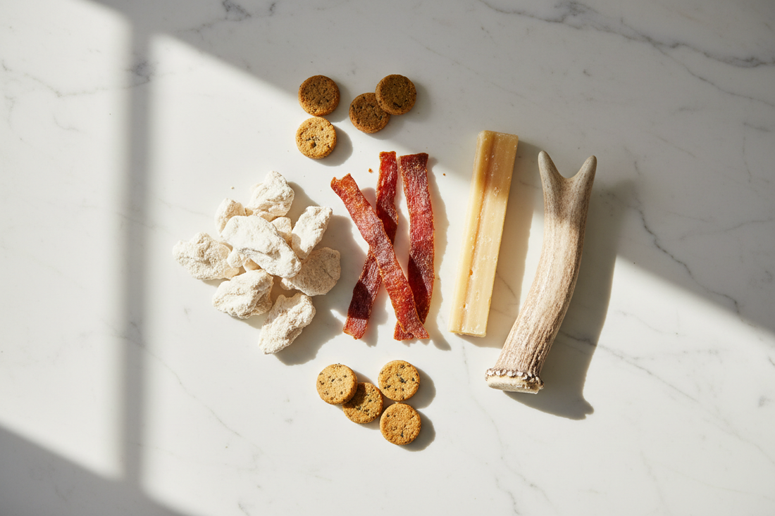 Assortment of The Pet Gourmet natural dog treats including freeze-dried chicken, beef jerky strips, yak cheese chew, elk antler, and treat bites on marble surface