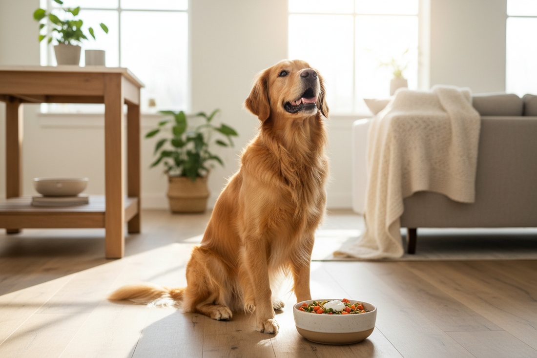 Happy healthy dog eating from a bowl — Doggo Dream Shop guide to probiotics for dogs
