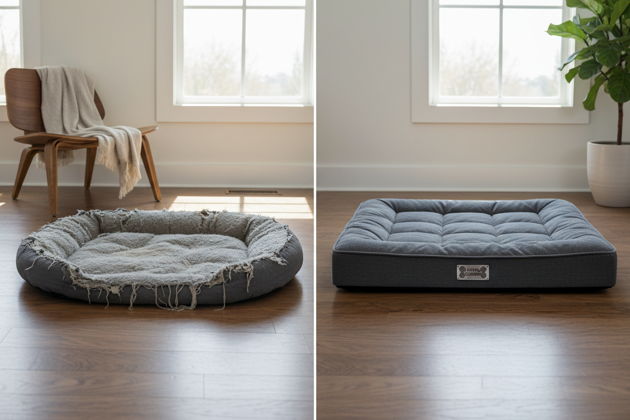 Old worn dog bed next to a new orthopedic dog bed – Dog Beds | Doggo Dream Shop
