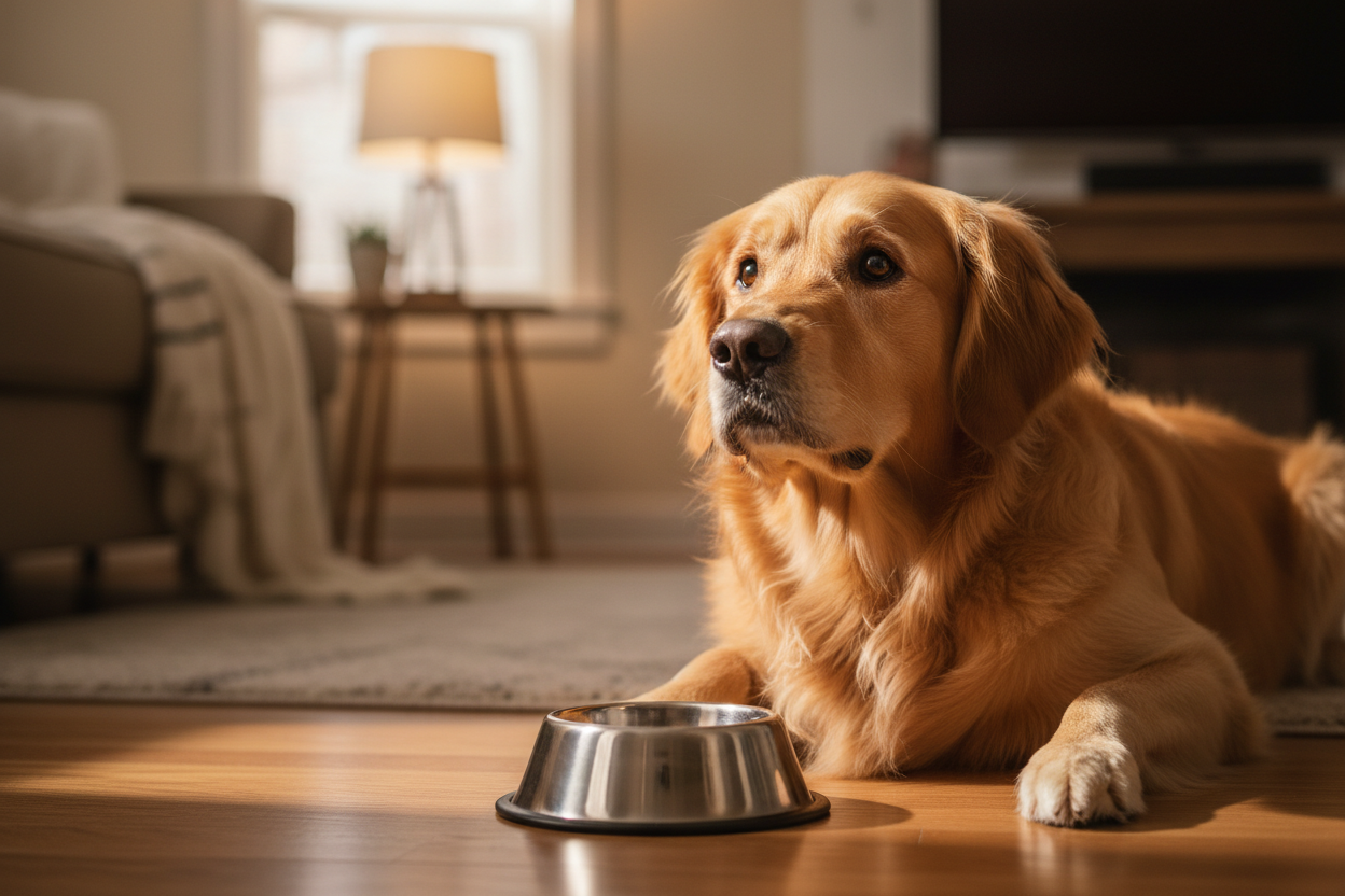 Dog with a sensitive stomach looking at empty bowl – Dog Health & Wellness | Doggo Dream Shop