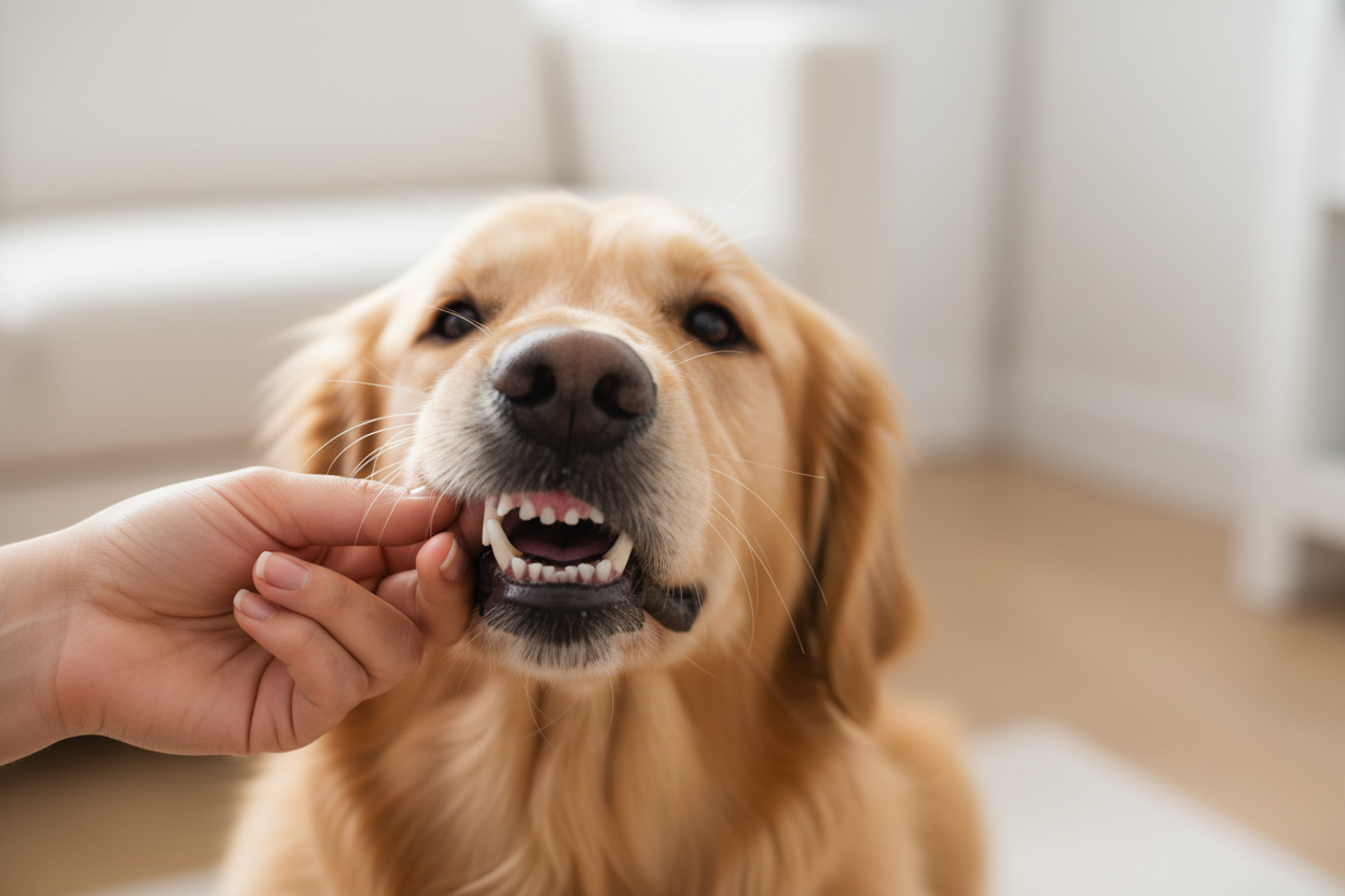Dog owner gently lifting a dog's lip to inspect teeth and gums for signs of dental disease