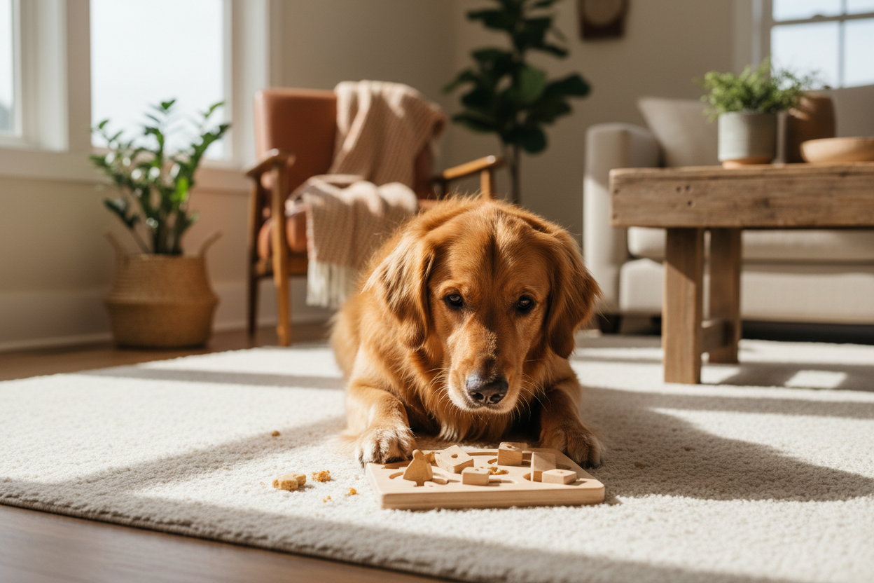 Dog engaged with an interactive puzzle toy – Dog Toys | Doggo Dream Shop