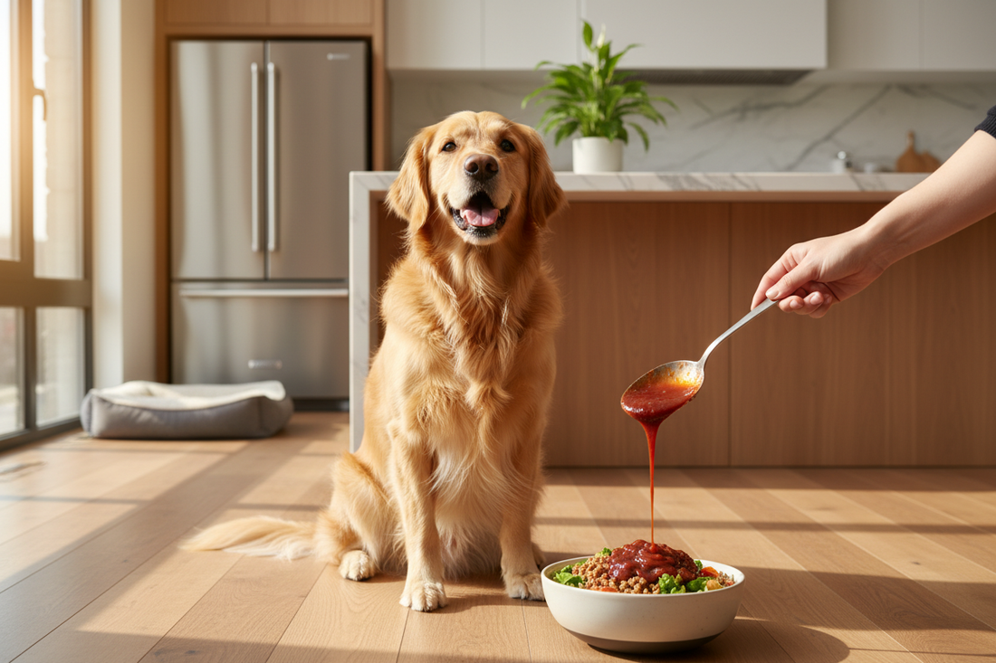 Happy dog eating from a bowl with a West Paw protein food topper being added — dog food toppers guide