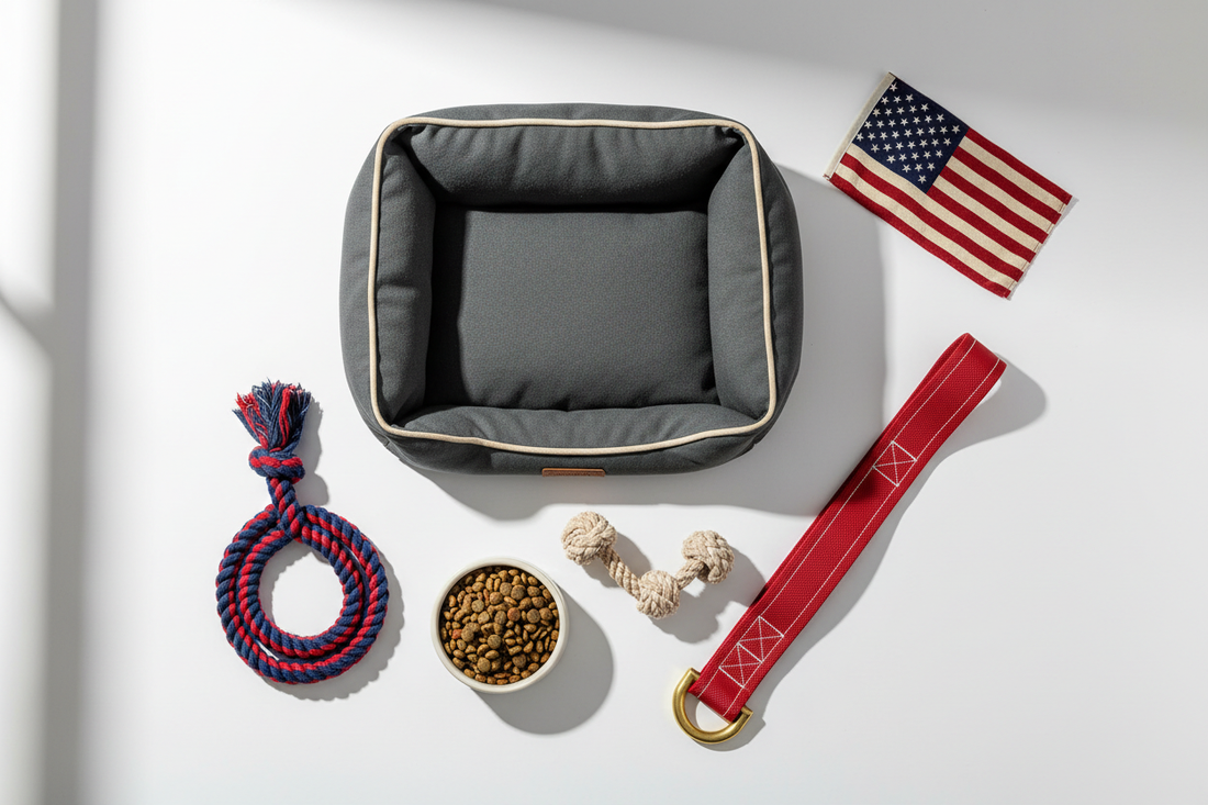 Flat lay of American-made dog products including a nylon tug toy, fire hose tug, and bolstered dog bed with a small American flag
