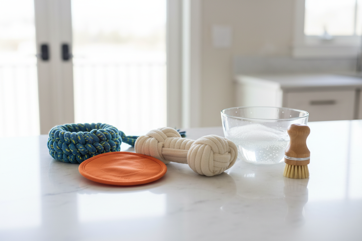 Assortment of dog toys including a ballistic nylon disc, tug toy, and fleece bone laid on a white surface next to a bowl of soapy water and a cleaning brush