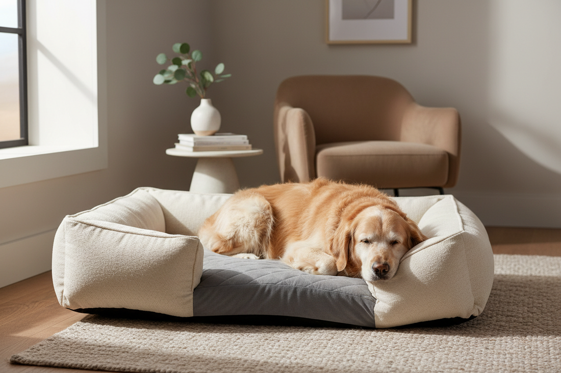 Senior golden retriever resting comfortably on a premium bolstered orthopedic dog bed in a cozy modern home interior with soft natural light