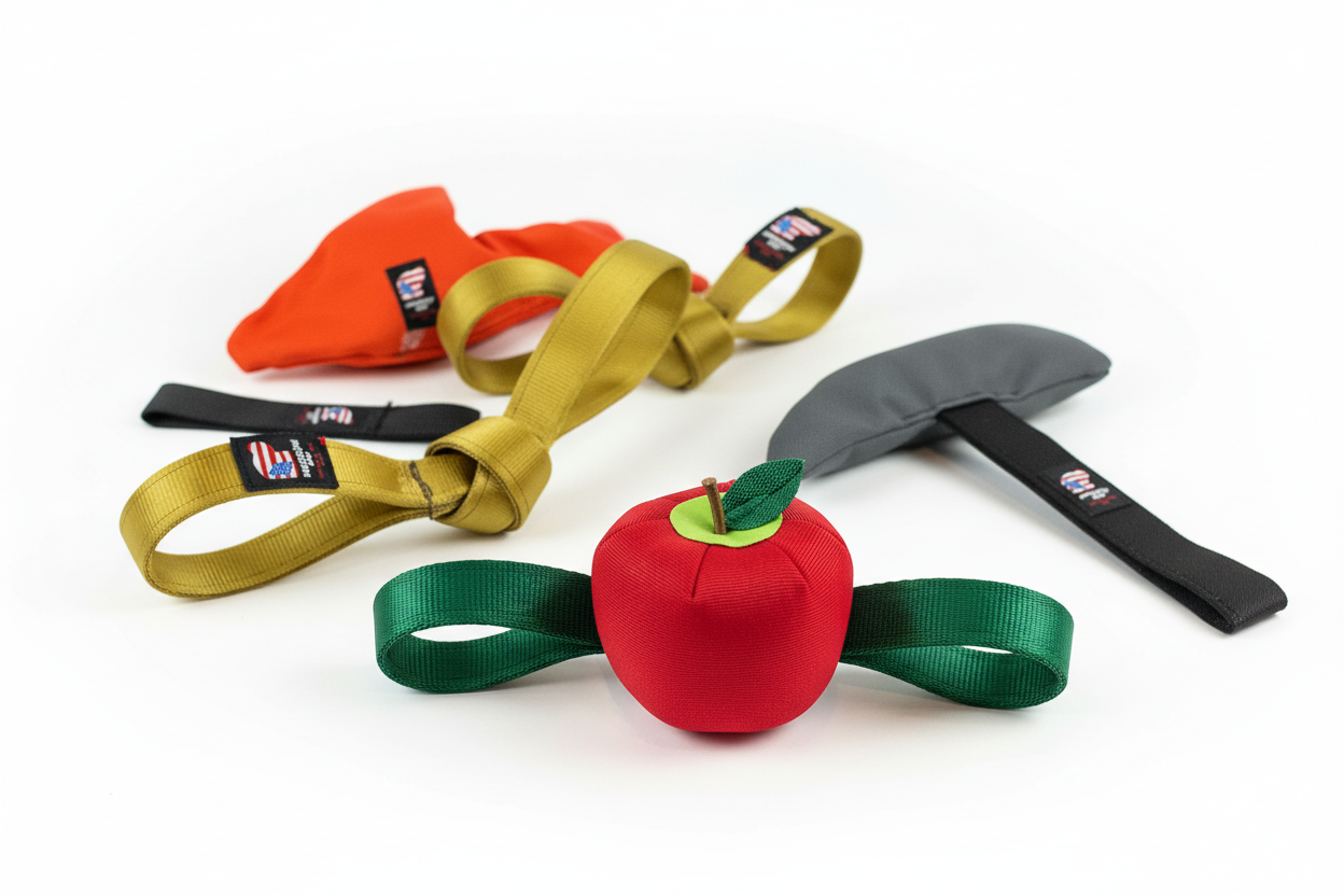 Collection of USA-made Lucky Dog $7 ballistic nylon and seatbelt webbing dog toys including apple tug, hammer tug, golden snitch tug, and fish bungee tug arranged on white surface