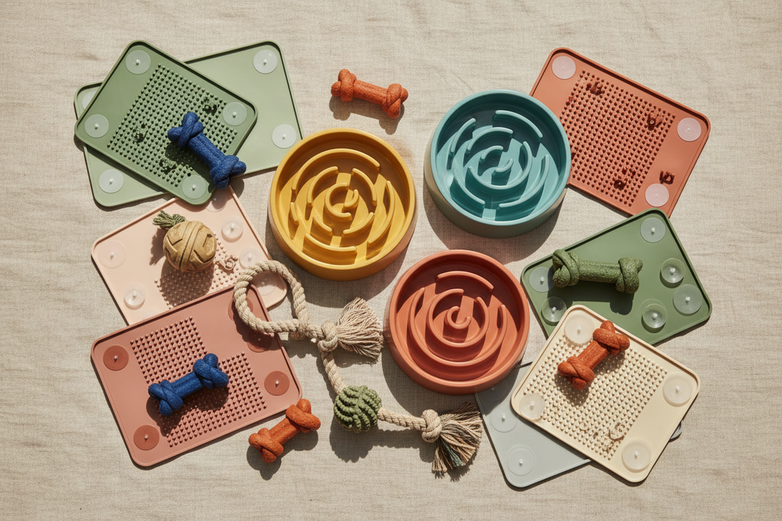 Colorful dog lick mats arranged on a wood surface with peanut butter and yogurt for enrichment