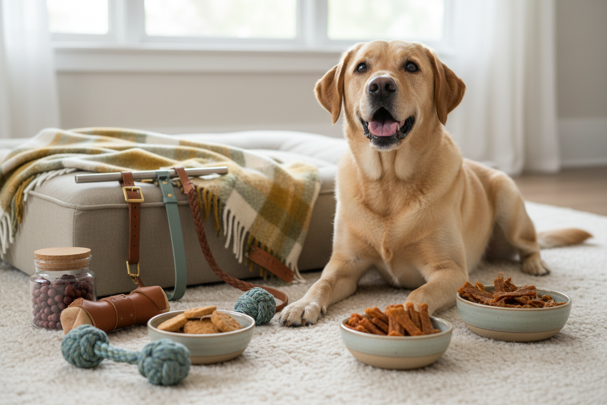 Happy Labrador Retriever surrounded by premium dog toys, treats and accessories — Doggo Dream Favorites Collection