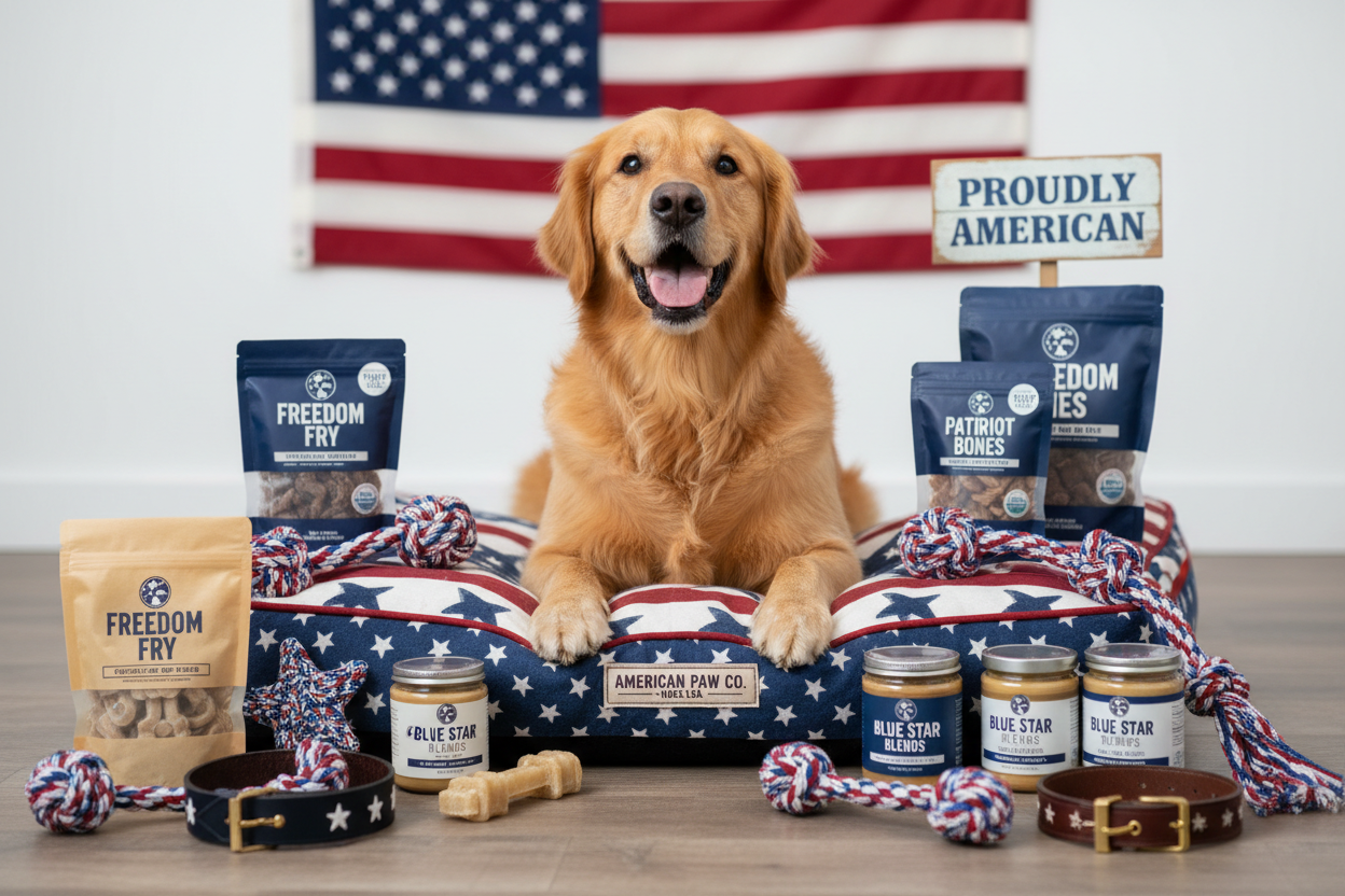 Proud dog surrounded by premium USA-made pet products — Made in USA Collection at Doggo Dream Shop