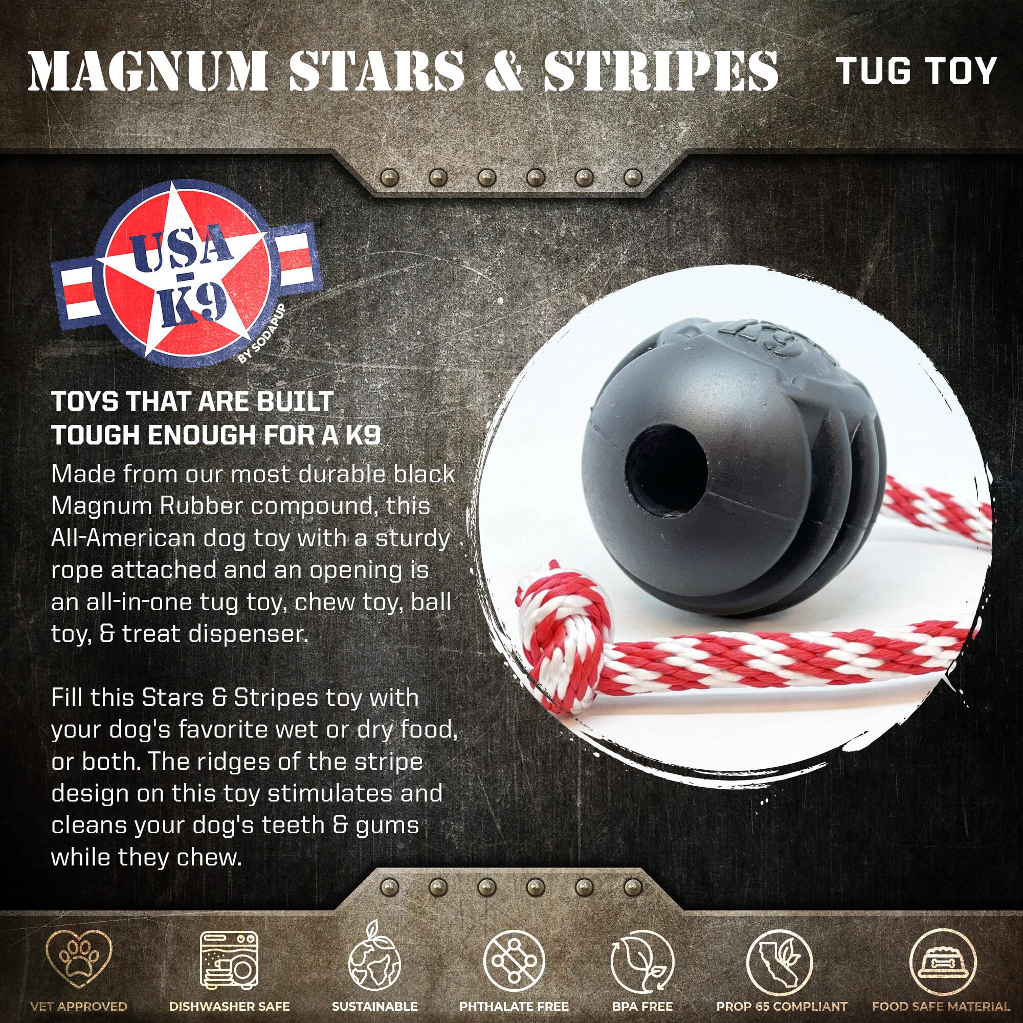 USA-K9 Magnum Stars and Stripes Rubber Dog Toy | 4-in-1 K9 Reward Toy | USA Made